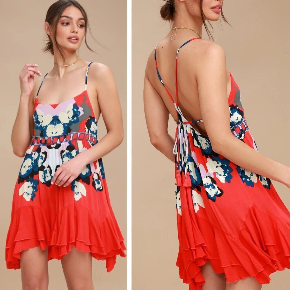 Free People Intimately Coral Red Sweet Lucy Slip Dress 37338